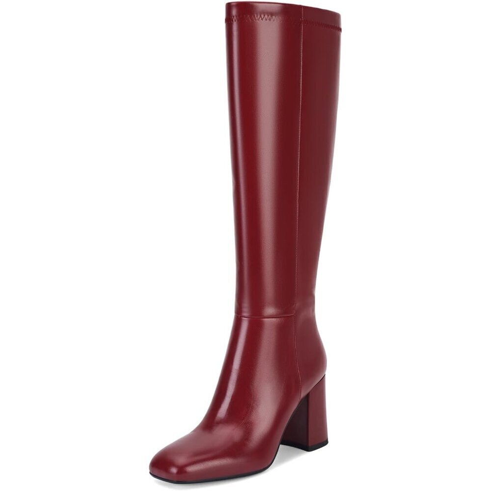 🆕Women's Faux Leather Red Square Toe Knee High Chunky Heel Side Zip Tall Boots